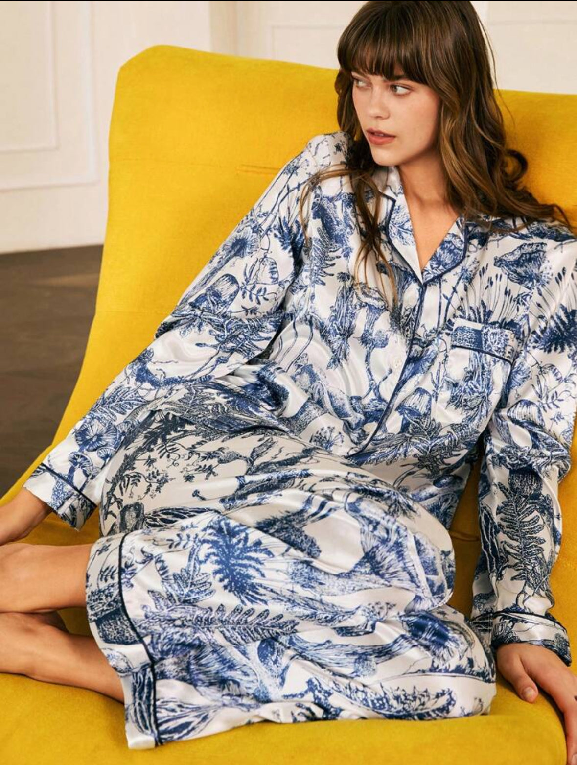 Chillnights women’s Elegant Satin Printed Long Sleeve Top & Pajama Set.