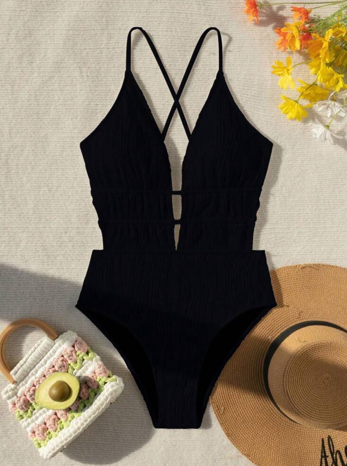 Elegant Ribbed One-Piece Swimsuit – BLACK