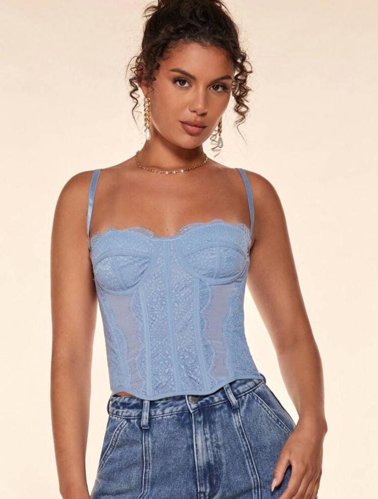 Elegant Lace Corset Bustier Top – Blue