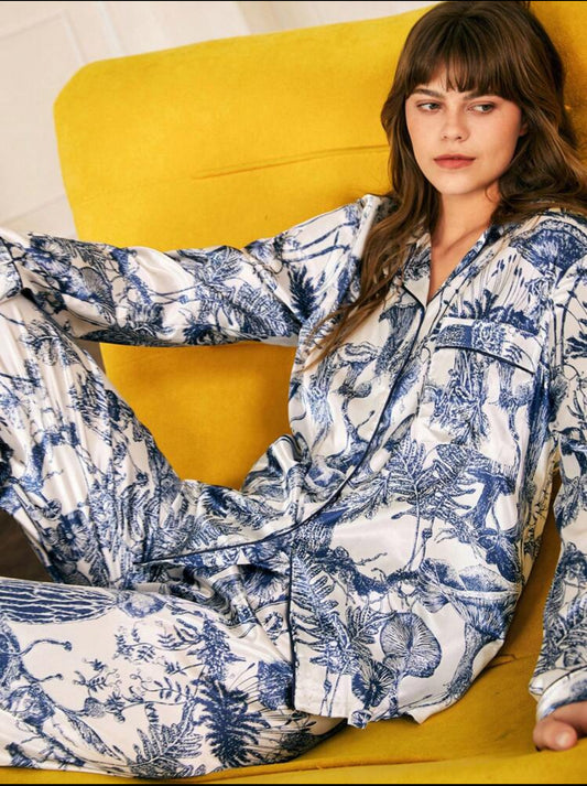 Chillnights women’s Elegant Satin Printed Long Sleeve Top & Pajama Set.