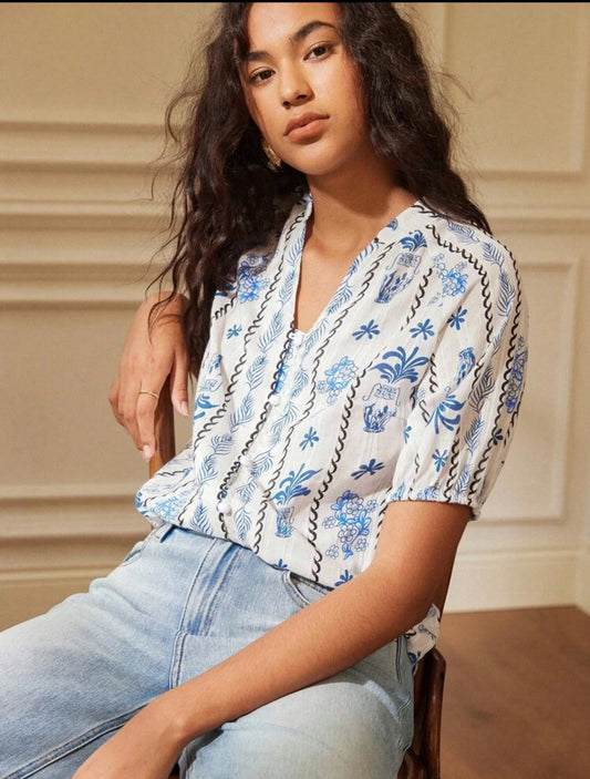 Cielo Blanco Blue Pure Cotton Silver Silk Shirt